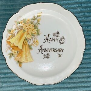 7 1/2” porcelain “Happy Anniversary” plate - white with yellow and gold details